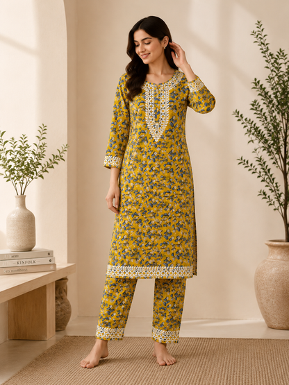 Women's Mul Mul Cotton Printed Kurta Pant Set, Soft Breathable 2 Piece Co-Ord Set, Cotton Co-ord Sets, Lounge Wear, Daily Wear, Night Wear MS