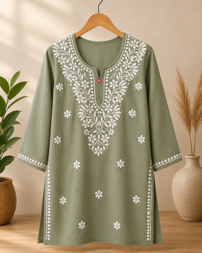 Hand Embroidered Lucknowi Rayon Kurti | Women's Rayon Top | Chikankari Style Kurta | 30 Inch Short Kurti | Casual Ethnic Wear MS