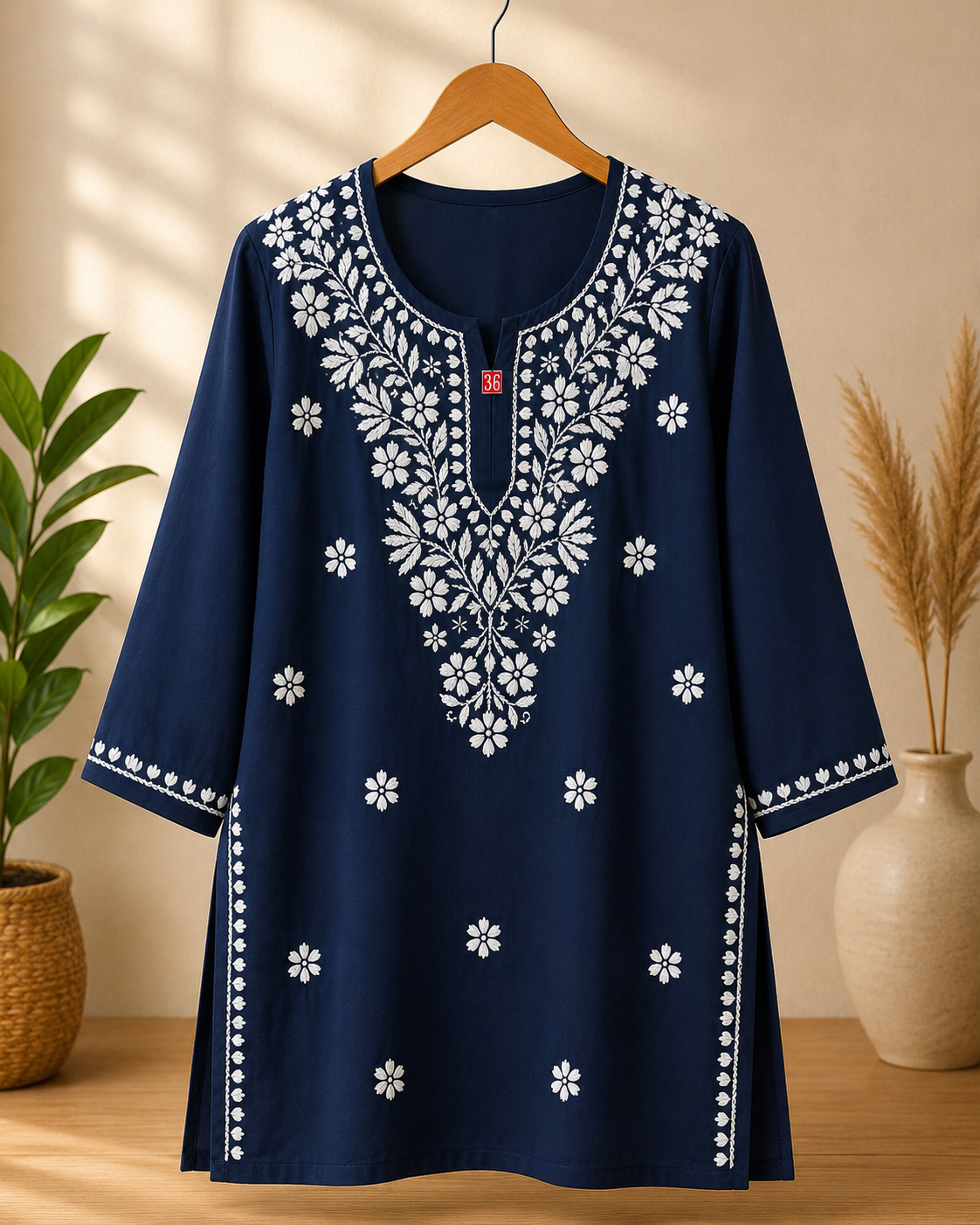 Hand Embroidered Lucknowi Rayon Kurti | Women's Rayon Top | Chikankari Style Kurta | 30 Inch Short Kurti | Casual Ethnic Wear MS