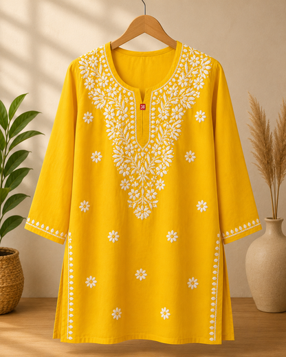 Hand Embroidered Lucknowi Rayon Kurti | Women's Rayon Top | Chikankari Style Kurta | 30 Inch Short Kurti | Casual Ethnic Wear MS