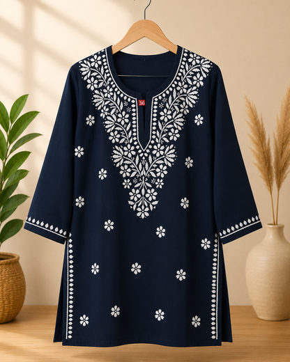 Hand Embroidered Lucknowi Rayon Kurti | Women's Rayon Top | Chikankari Style Kurta | 30 Inch Short Kurti | Casual Ethnic Wear MS