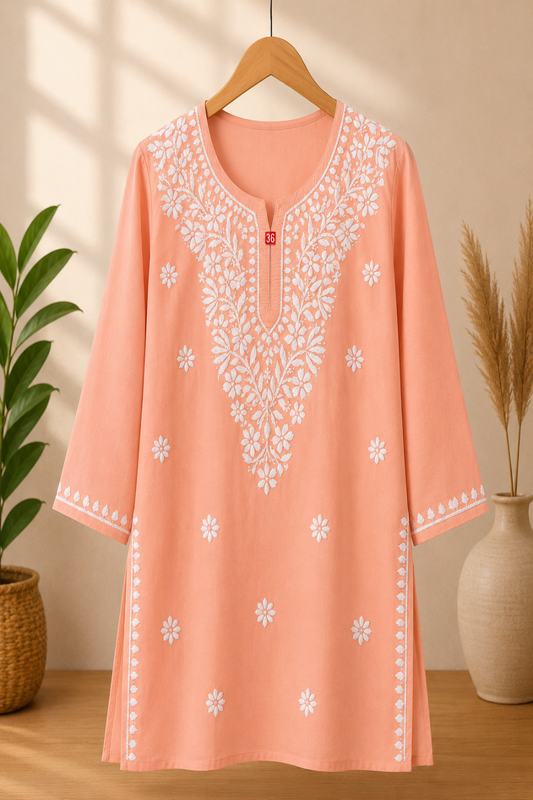 Hand Embroidered Lucknowi Rayon Kurti | Women's Rayon Top | Chikankari Style Kurta | 30 Inch Short Kurti | Casual Ethnic Wear MS