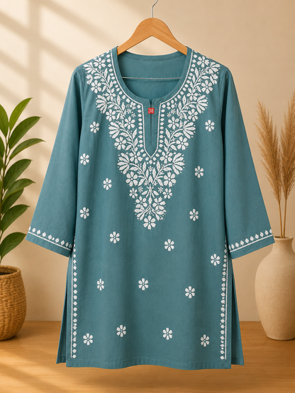 Hand Embroidered Lucknowi Rayon Kurti | Women's Rayon Top | Chikankari Style Kurta | 30 Inch Short Kurti | Casual Ethnic Wear MS