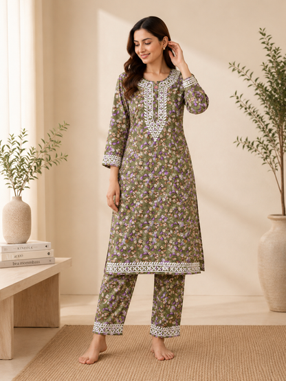 Women's Mul Mul Cotton Printed Kurta Pant Set, Soft Breathable 2 Piece Co-Ord Set, Cotton Co-ord Sets, Lounge Wear, Daily Wear, Night Wear MS