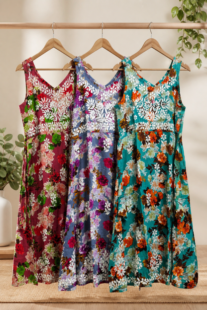 Gray Chikankari dress, Gray summer dress, Gray embroidered rayon gown, Gray resort wear,  Gray Hand embroidered dress, Gray knee length dress, Gray Floral Print Dress,  Floral Summer Dress, Floral Embroidered Dress,  Floral Lukhnawi Work Dress, Floral  Thread Handwork Dress,  Floral Dress with Waist Tie