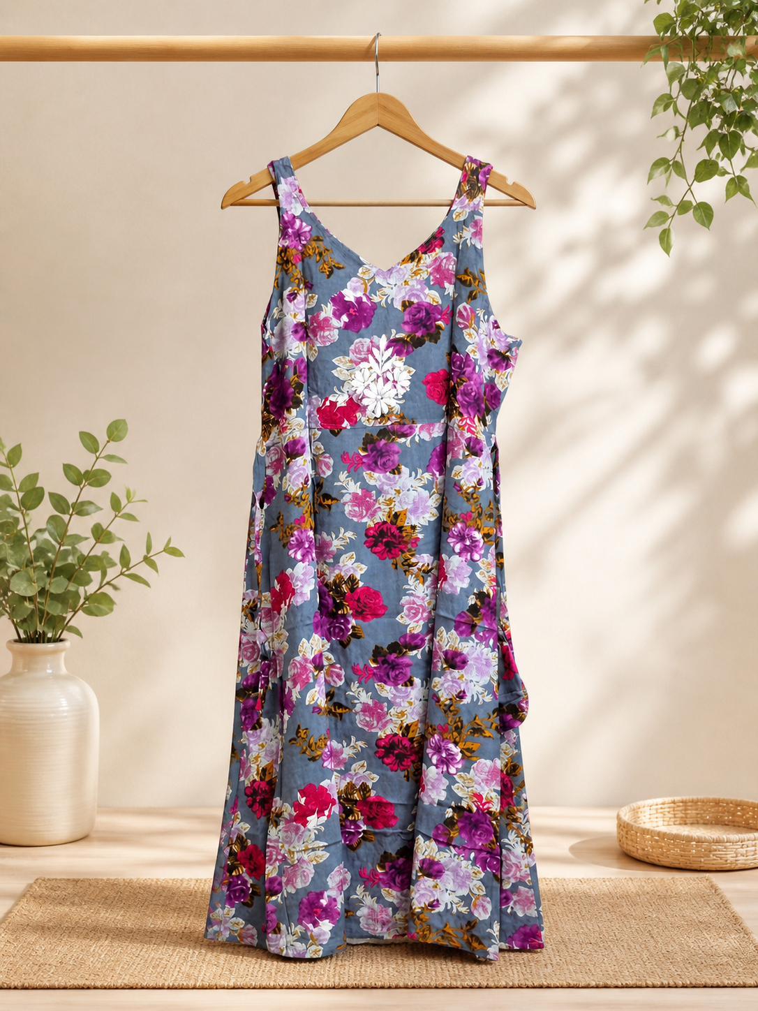 Women’s Printed Rayon Dress|  White Lukhnawi Embroidery | Summer Midi Dress | Lightweight Floral | 44 Inch Length with Waist Tie