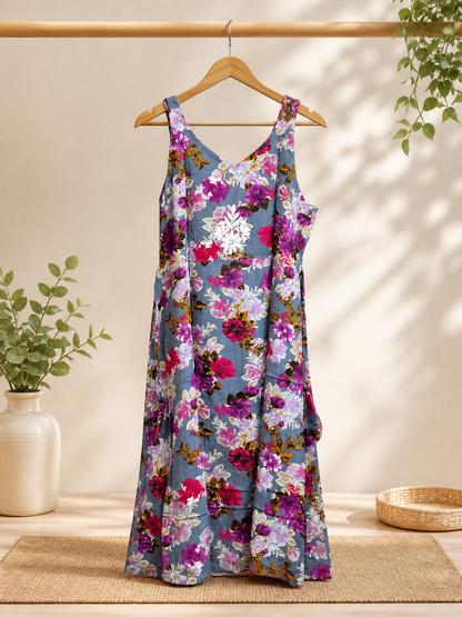 Women’s Printed Rayon Dress|  White Lukhnawi Embroidery | Summer Midi Dress | Lightweight Floral | 44 Inch Length with Waist Tie