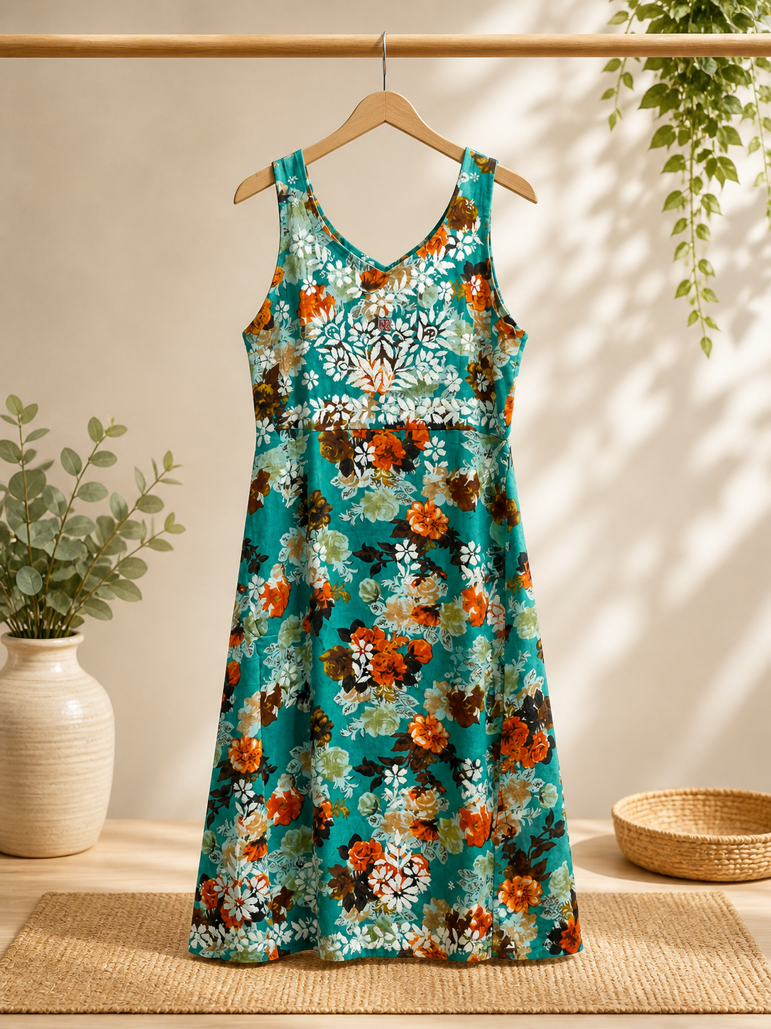 TEAL Floral Print Dress,  TEAL Floral Summer Dress, TEAL Floral Embroidered Dress,  TEAL Floral Lukhnawi Work Dress, TEAL Floral  TEAL Thread Handwork Dress, TEAL Floral Dress with Waist Tie