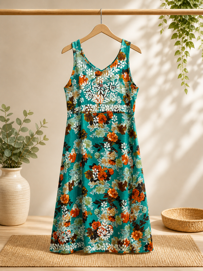 TEAL Floral Print Dress,  TEAL Floral Summer Dress, TEAL Floral Embroidered Dress,  TEAL Floral Lukhnawi Work Dress, TEAL Floral  TEAL Thread Handwork Dress, TEAL Floral Dress with Waist Tie