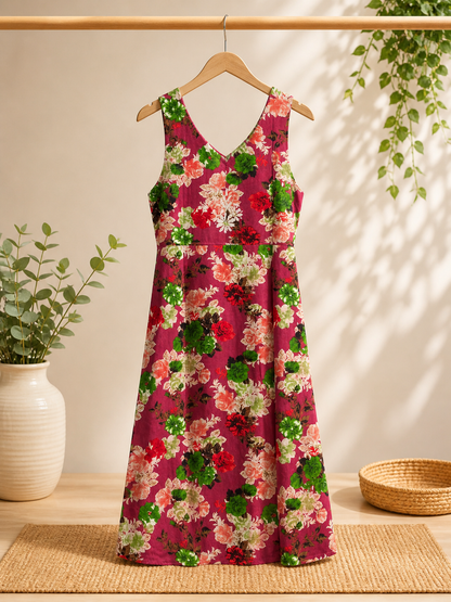 Women’s Printed Rayon Dress|  White Lukhnawi Embroidery | Summer Midi Dress | Lightweight Floral | 44 Inch Length with Waist Tie