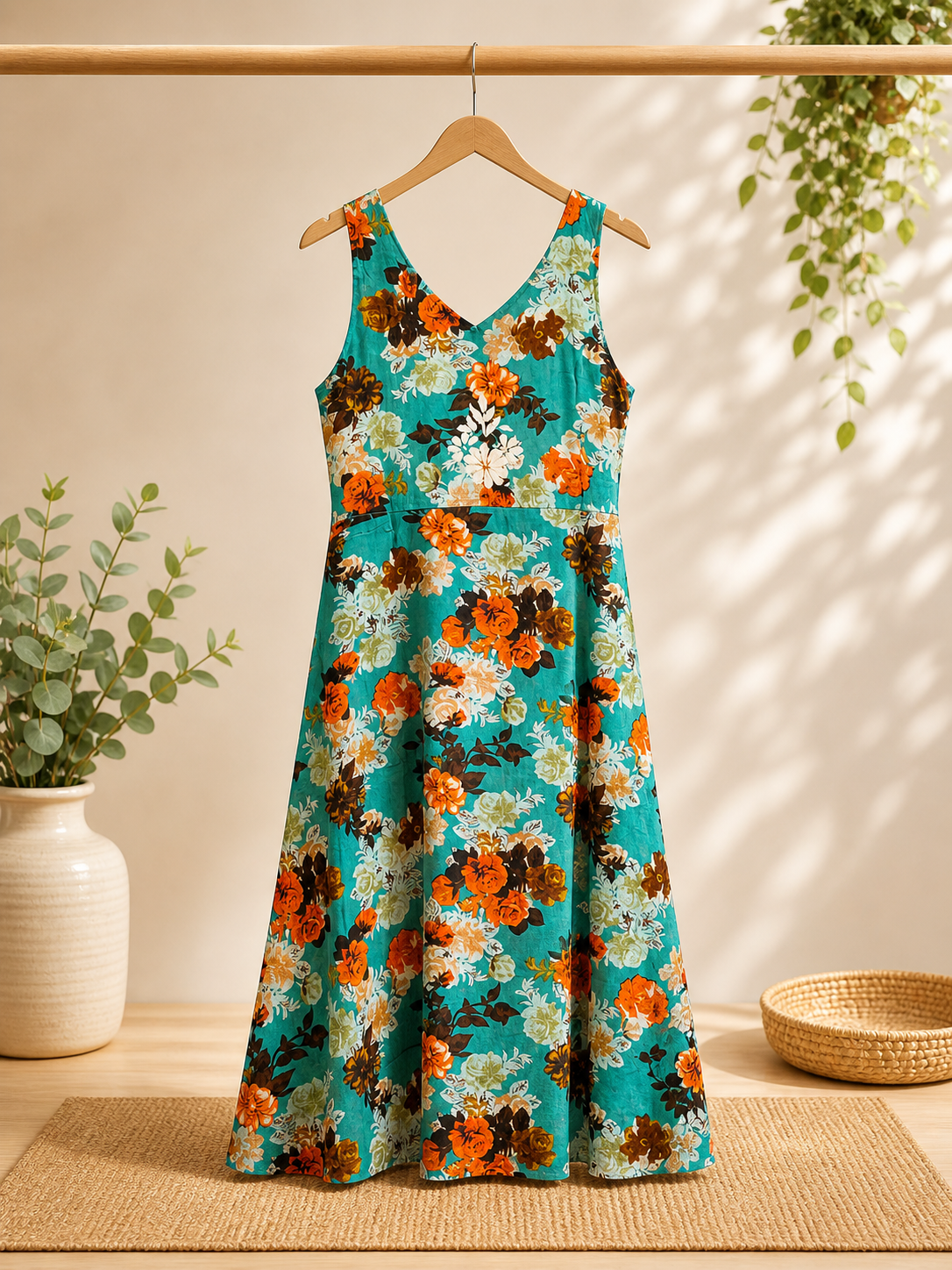 Women’s Printed Rayon Dress|  White Lukhnawi Embroidery | Summer Midi Dress | Lightweight Floral | 44 Inch Length with Waist Tie
