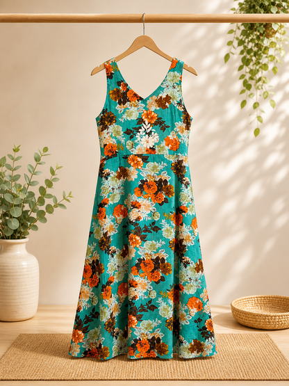 Women’s Printed Rayon Dress|  White Lukhnawi Embroidery | Summer Midi Dress | Lightweight Floral | 44 Inch Length with Waist Tie