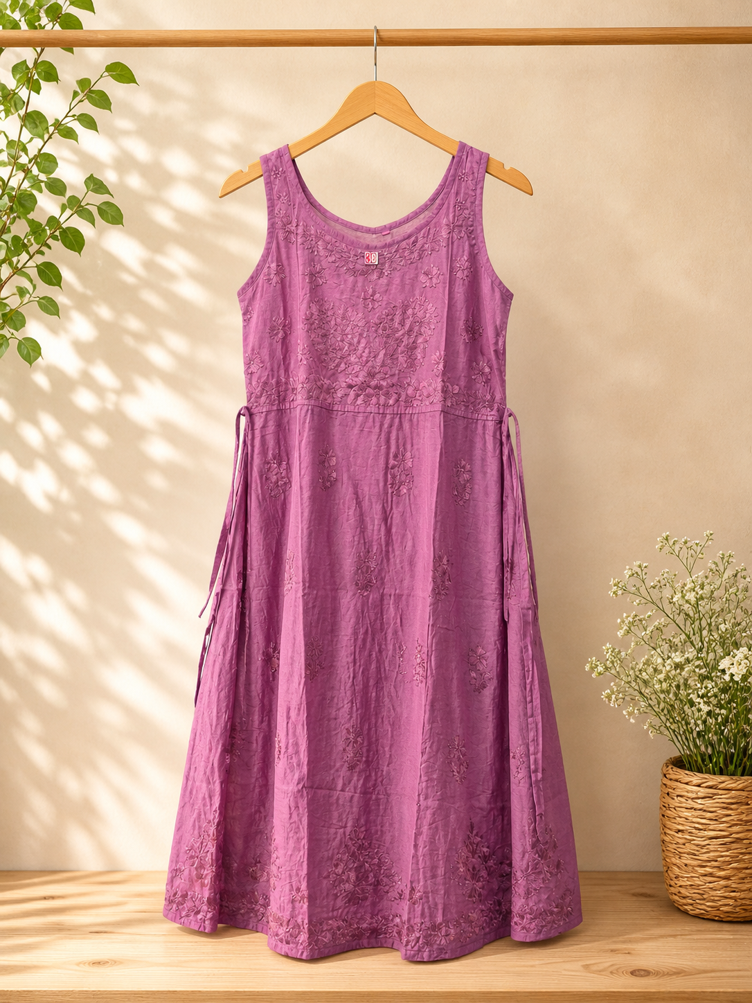 Chanderi Silk Dress with Luckhnowi Hand Embroidery | Handmade Indian Dress | Sleeveless A-Line Dress - Waist Tie | Ethnic Summer Dress