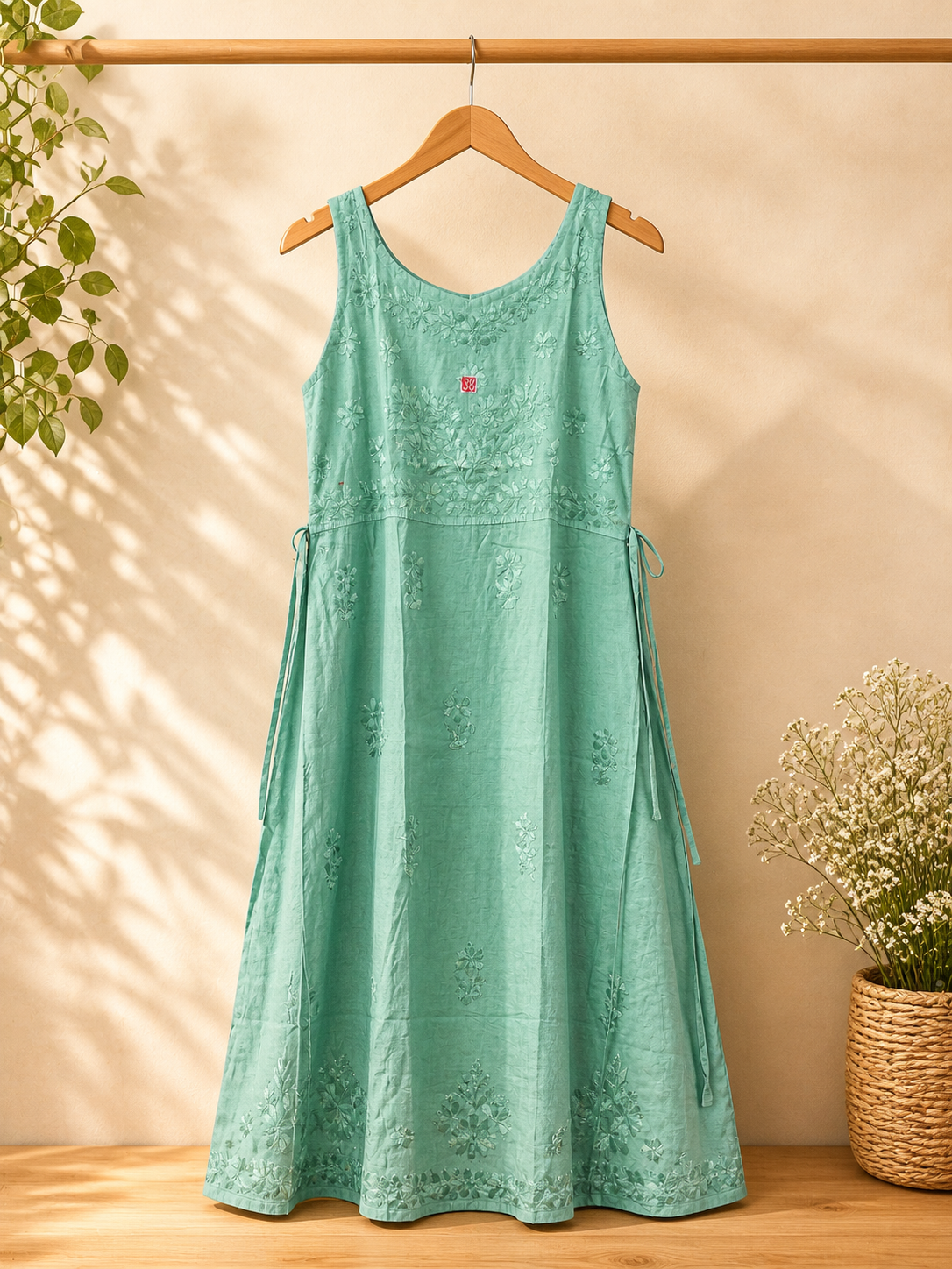 Chanderi Silk Dress with Luckhnowi Hand Embroidery | Handmade Indian Dress | Sleeveless A-Line Dress - Waist Tie | Ethnic Summer Dress