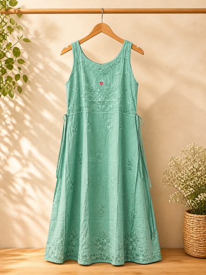 Chanderi Silk Dress with Luckhnowi Hand Embroidery | Handmade Indian Dress | Sleeveless A-Line Dress - Waist Tie | Ethnic Summer Dress
