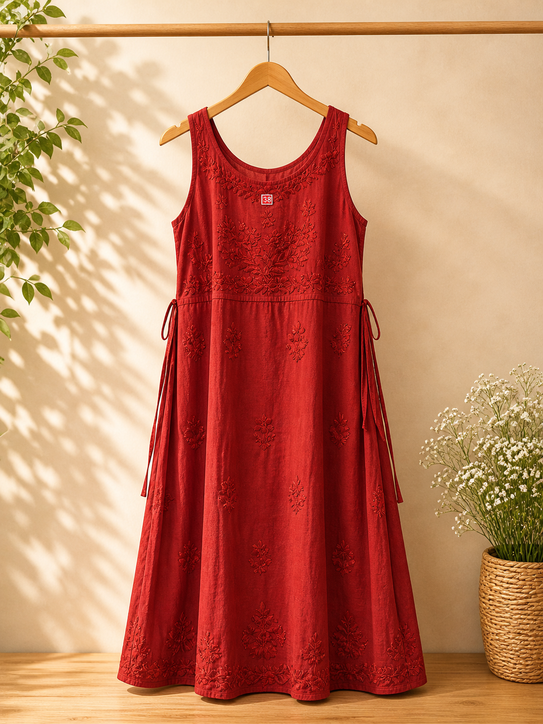 Chanderi Silk Dress with Luckhnowi Hand Embroidery | Handmade Indian Dress | Sleeveless A-Line Dress - Waist Tie | Ethnic Summer Dress