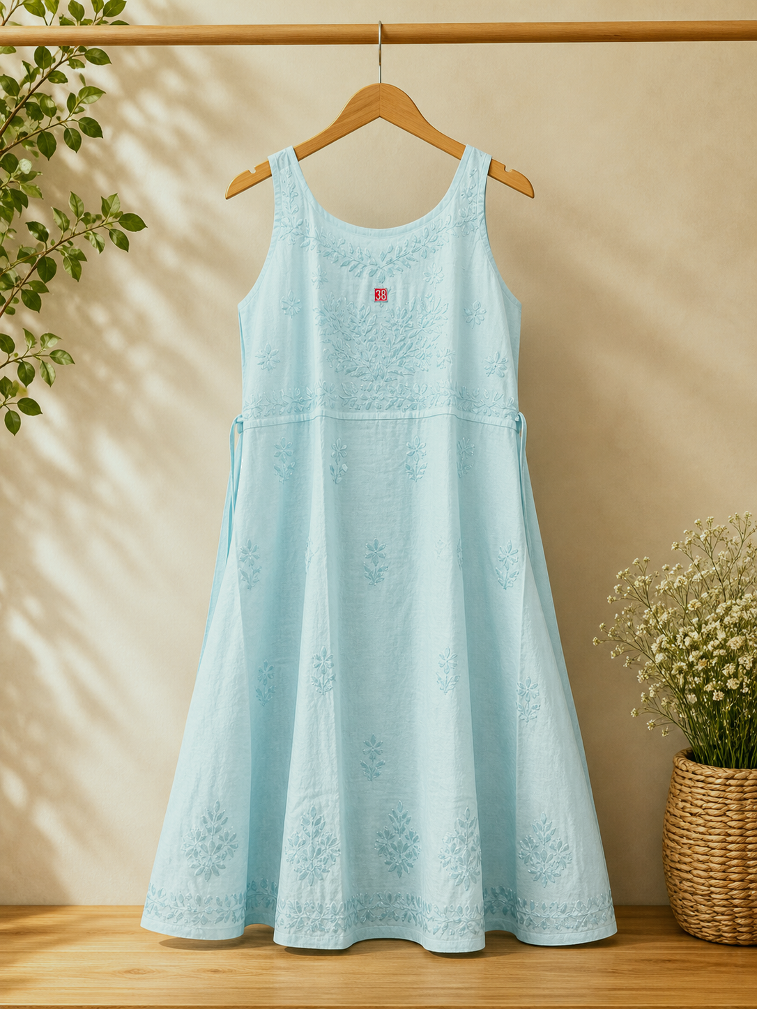 Chanderi Silk Dress with Luckhnowi Hand Embroidery | Handmade Indian Dress | Sleeveless A-Line Dress - Waist Tie | Ethnic Summer Dress