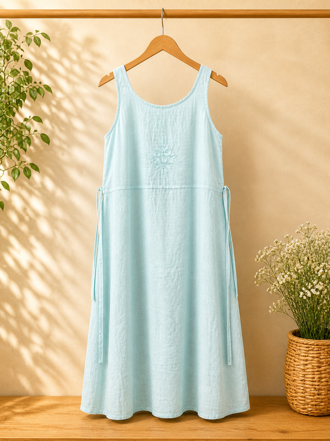 Chanderi Silk Dress with Luckhnowi Hand Embroidery | Handmade Indian Dress | Sleeveless A-Line Dress - Waist Tie | Ethnic Summer Dress