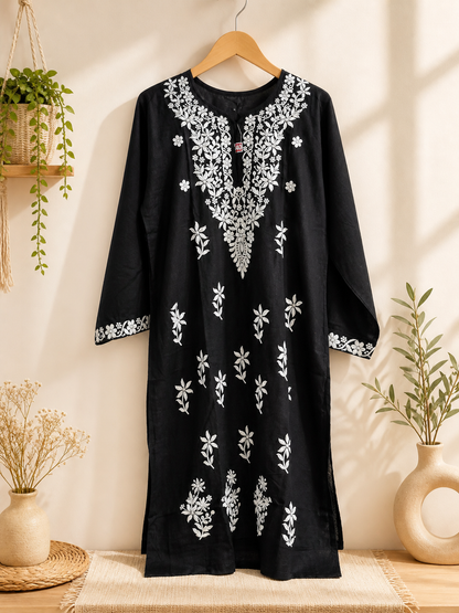 Black Lukhnawi Kurti, Black Lukhnawi Long top, Black Lukhnawi Full Length Kurta, Black Chinkari Work , Black Floral  Embroidered Kurta, Black Daily Wear Kurti,  Black Casual Wear Kurti,  Black Thread Embroidery Kurti, Black Plus Size Kurti,  Black Plus Size Long Top, Black Plus Size Tunic, Black Long Kurti, Black Summer Kurti, Black Temple wear,  Black Gurudwara Wear