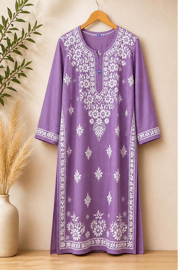Lavender Lukhnawi Kurti, Lavender Lukhnawi Long top, Lavender Lukhnawi Full Length Kurta, Lavender Chinkari Work , Lavender Floral  Embroidered Kurta, Lavender Daily Wear Kurti,  Lavender Casual Wear Kurti,  Lavender Thread Embroidery Kurti, Lavender Plus Size Kurti,  Lavender Plus Size Long Top, Lavender Plus Size Tunic, Lavender Long Kurti, Lavender Summer Kurti, Lavender Temple wear,  Lavender Gurudwara Wear, Lavender 6XL Kurti,  Lavender 7XL Kurti
