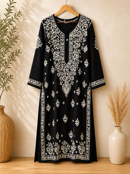 Black Lukhnawi Kurti, Black Lukhnawi Long top, Black Lukhnawi Full Length Kurta, Black Chinkari Work , Black Floral  Embroidered Kurta, Black Daily Wear Kurti,  Black Casual Wear Kurti,  Black Thread Embroidery Kurti, Black Plus Size Kurti,  Black Plus Size Long Top, Black Plus Size Tunic, Black Long Kurti, Black Summer Kurti, Black Temple wear,  Black Gurudwara Wear, Black 6XL Kurti,  Black 7XL Kurti
