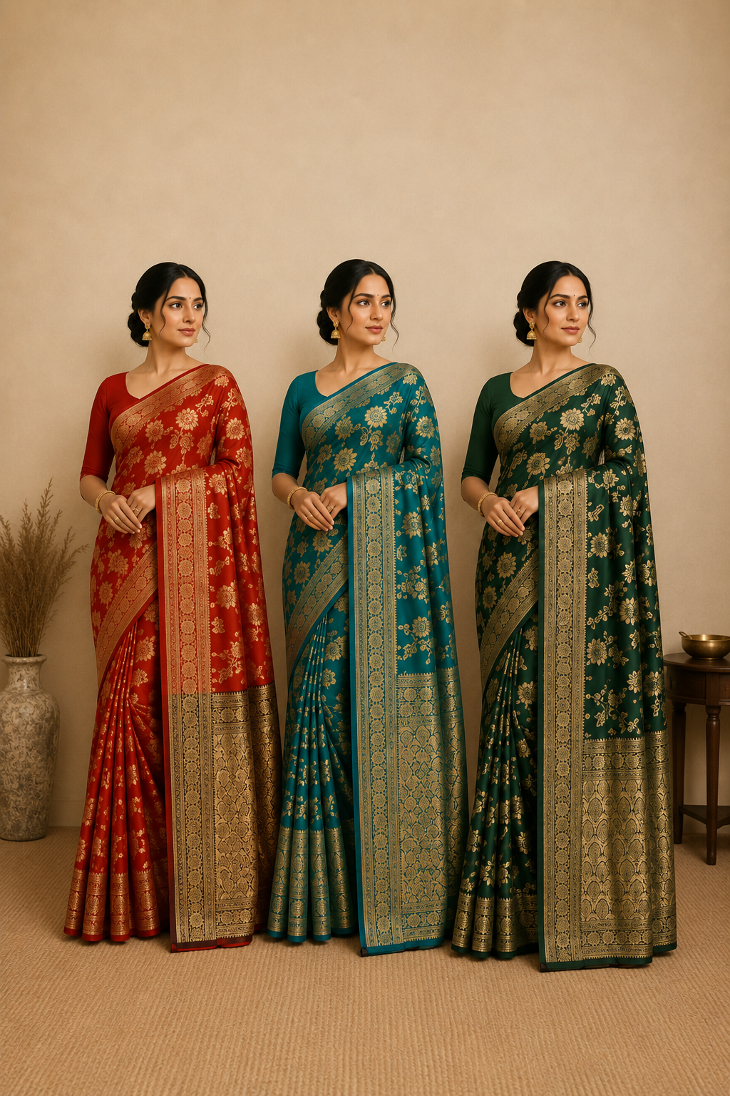 Women's Banarasi Art Silk Saree Collection in Red, Teal and Green with Rich Gold Zari Weaving