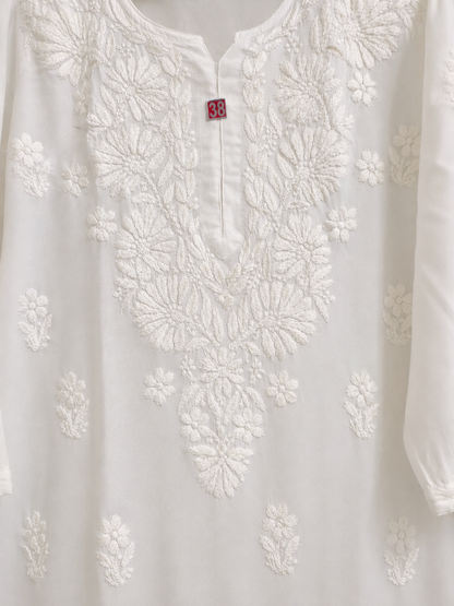 Hand Embroidered Rayon Kurta Pant Set for Women | White Chikankari Style Kurti with Palazzo | Indian Ethnic Co-ord Set | 44" Kurta MS