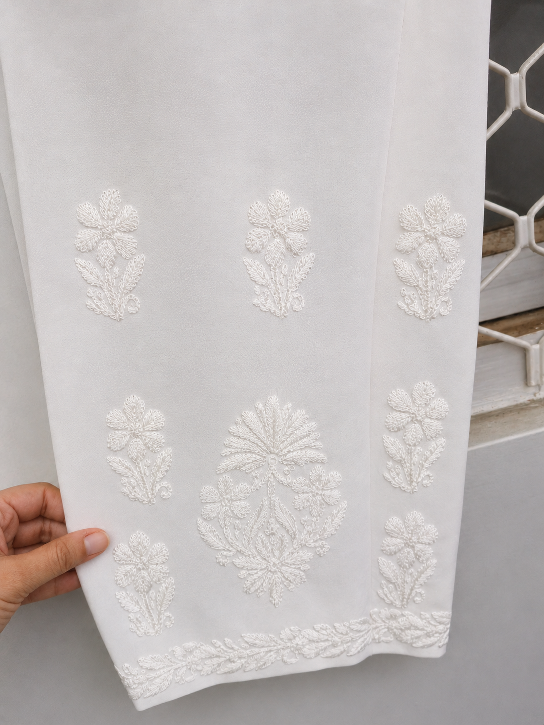 Hand Embroidered Rayon Kurta Pant Set for Women | White Chikankari Style Kurti with Palazzo | Indian Ethnic Co-ord Set | 44" Kurta MS