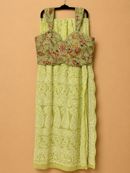 Pure Georgette Lucknowi Chikankari Saree | Original Hand Embroidered Saree with Matching Blouse Piece | Fall & Pico Done