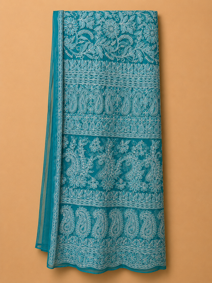 Pure Georgette Lucknowi Chikankari Saree | Original Hand Embroidered Saree with Matching Blouse Piece | Fall & Pico Done