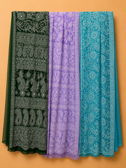 Pure Georgette Lucknowi Chikankari Saree | Original Hand Embroidered Saree with Matching Blouse Piece | Fall & Pico Done