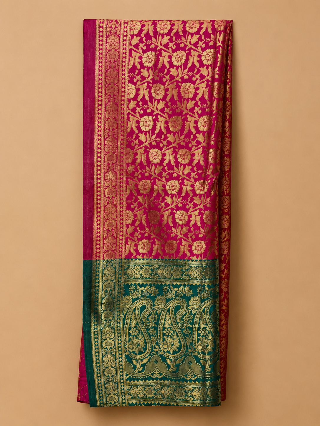 Folded Fuchsia Pink Banarasi Silk Saree with Green Contrast Border and Gold Zari Design