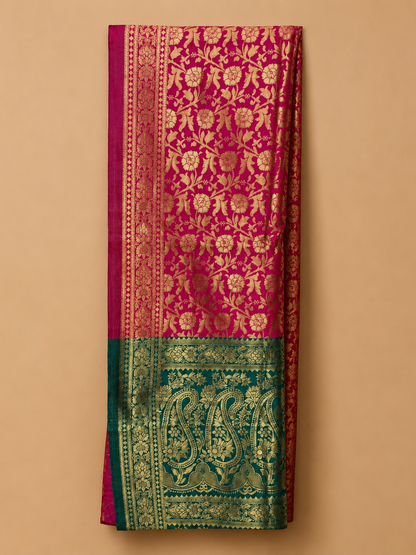 Folded Fuchsia Pink Banarasi Silk Saree with Green Contrast Border and Gold Zari Design