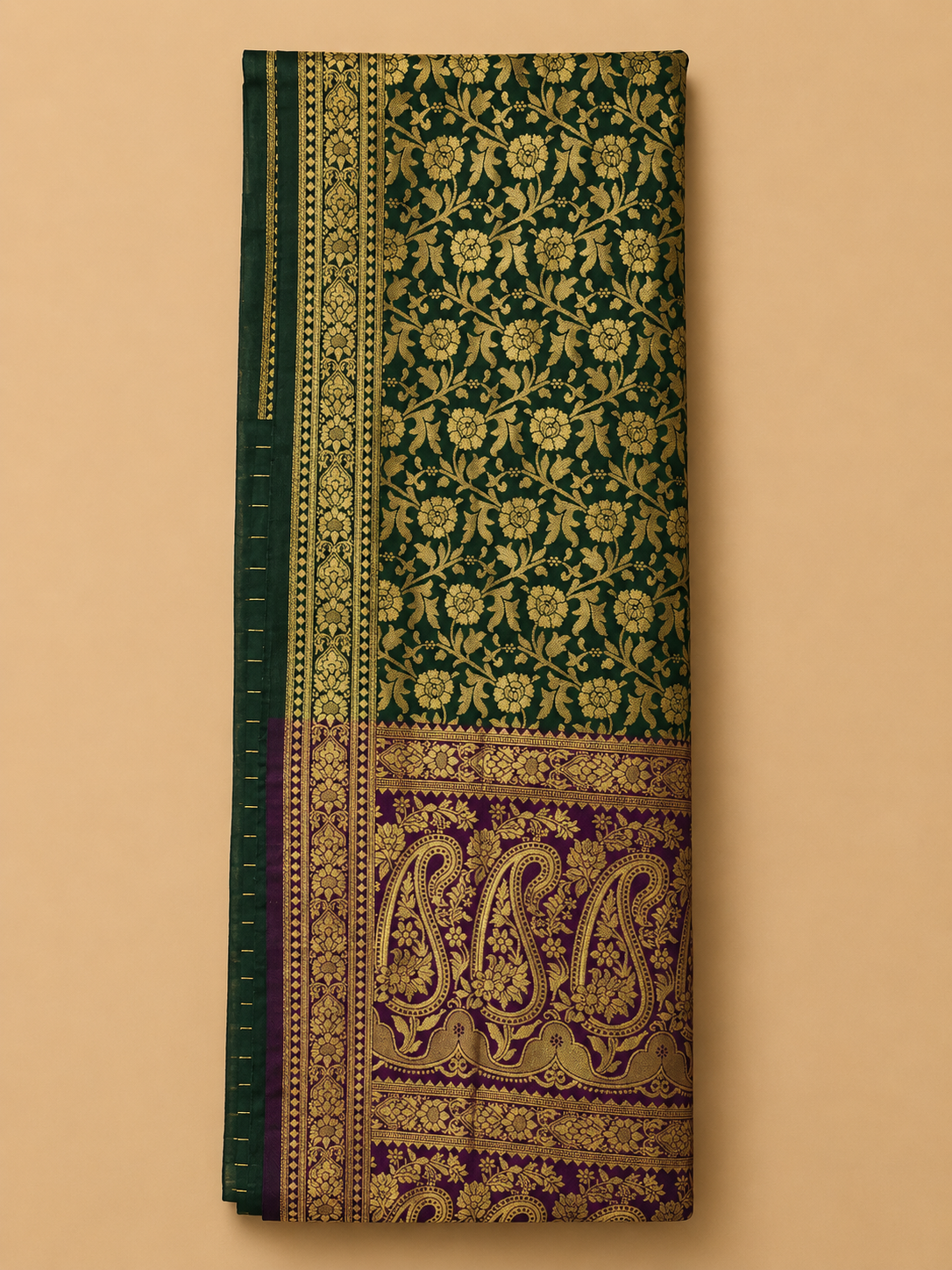 Folded Green Banarasi Silk Saree with Purple Contrast Border and Gold Zari Design