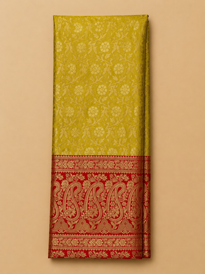 Folded Yellow Banarasi Silk Saree with Red Contrast Border and Gold Zari Design