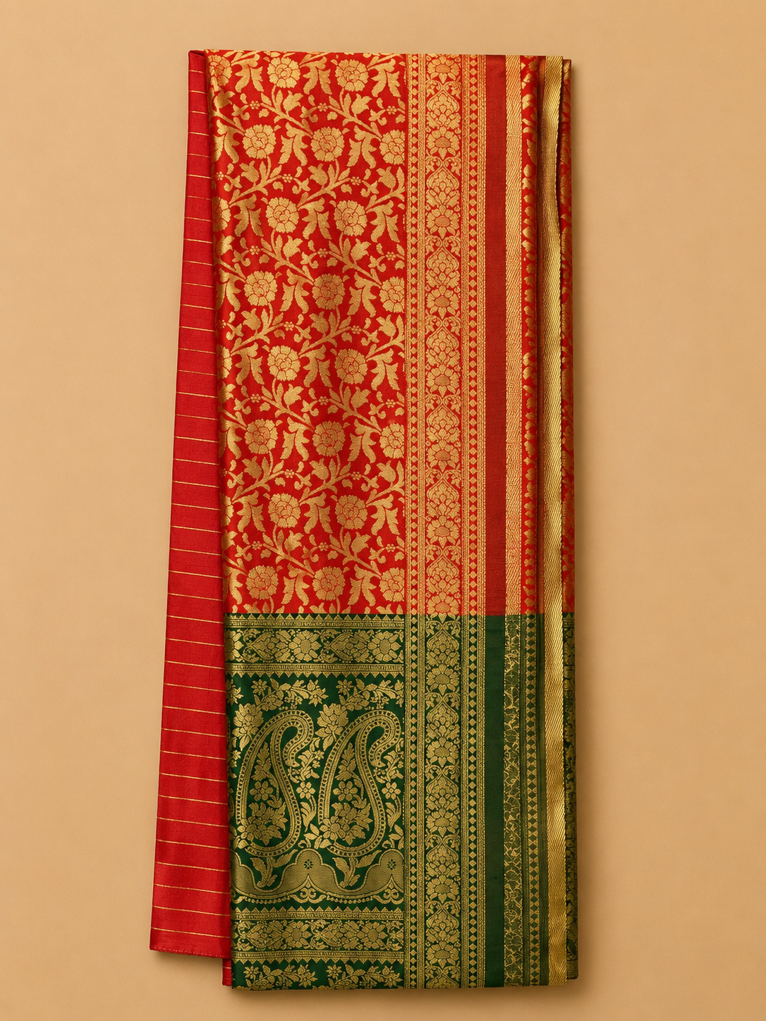 Folded Rani Pink Banarasi Silk Saree with Green Contrast Border and Gold Zari Design