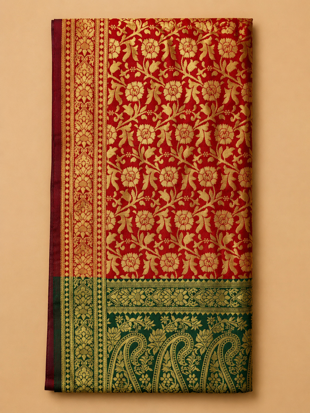 Folded Red Banarasi Silk Saree with Green Contrast Border and Gold Zari Design
