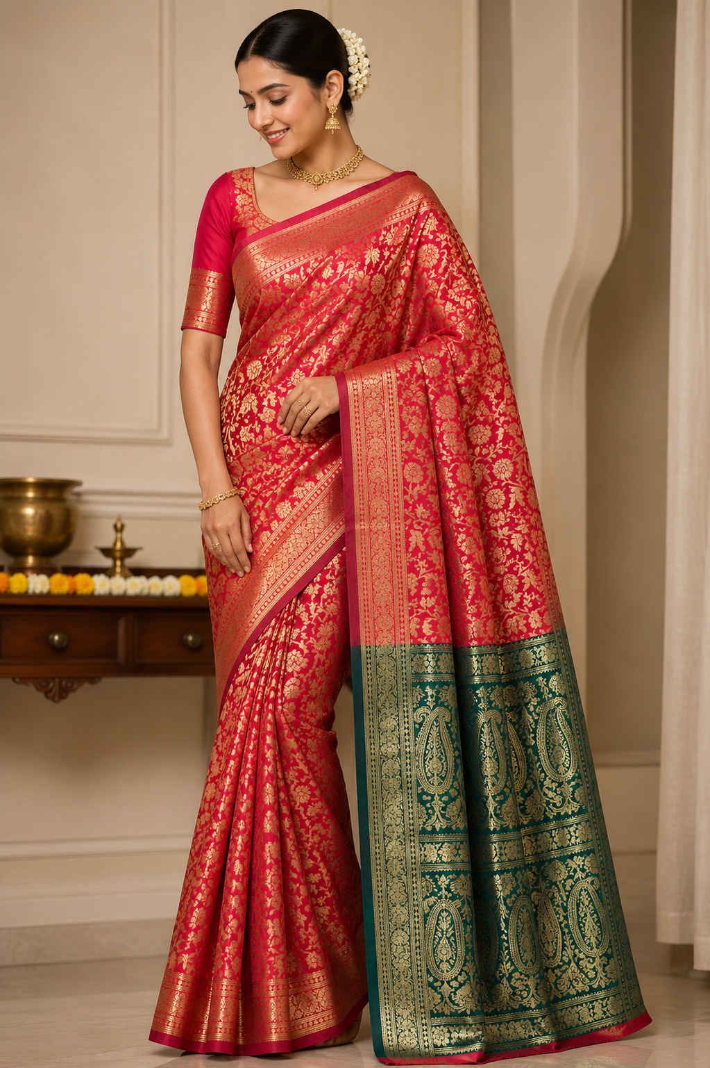 Woman wearing a Rani Pink Banarasi Silk Saree with Green Contrast Pallu and Gold Zari Weaving