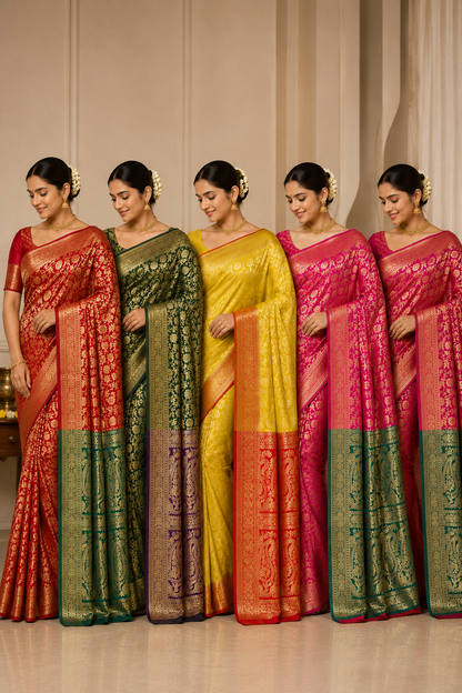 Women's Banarasi Silk Saree Collection in Red, Green, Yellow and Pink Colors