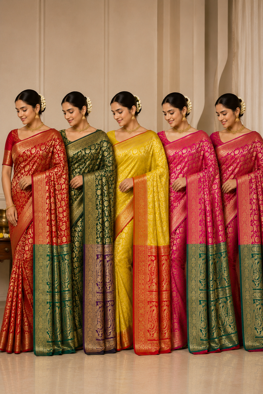 Women's Banarasi Silk Saree Collection in Red, Green, Yellow and Pink Colors