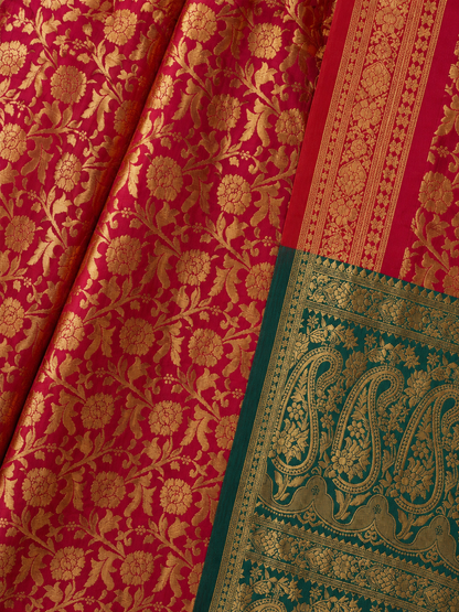 Close-up of Red Banarasi Silk Saree with Gold Floral Zari Weaving and Green Paisley Border