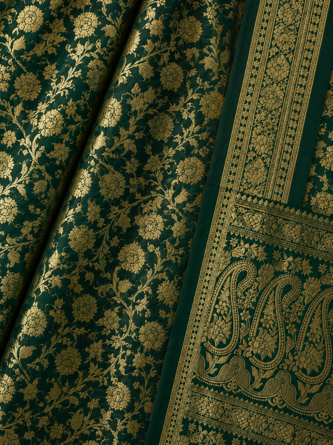 Close-up of Green Banarasi Silk Saree with Gold Floral Zari Weaving and Purple Paisley Border