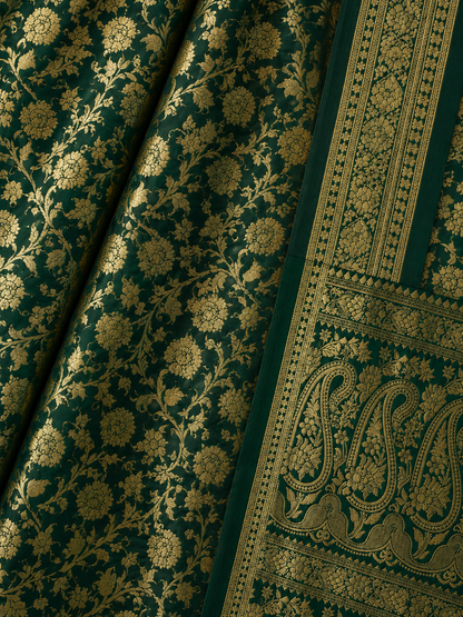 Close-up of Green Banarasi Silk Saree with Gold Floral Zari Weaving and Purple Paisley Border