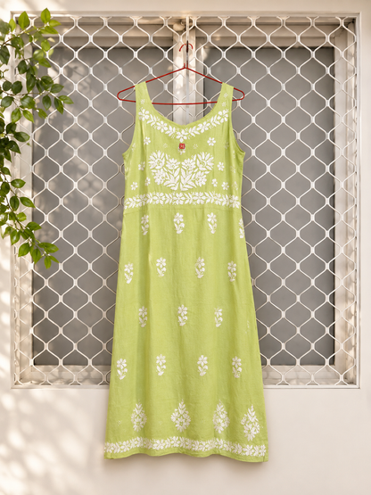 Light Green Chikankari dress, Light Green summer dress, Light Green embroidered rayon gown, Light Green resort wear,  Light Green Hand embroidered dress, Light Green knee length dress,