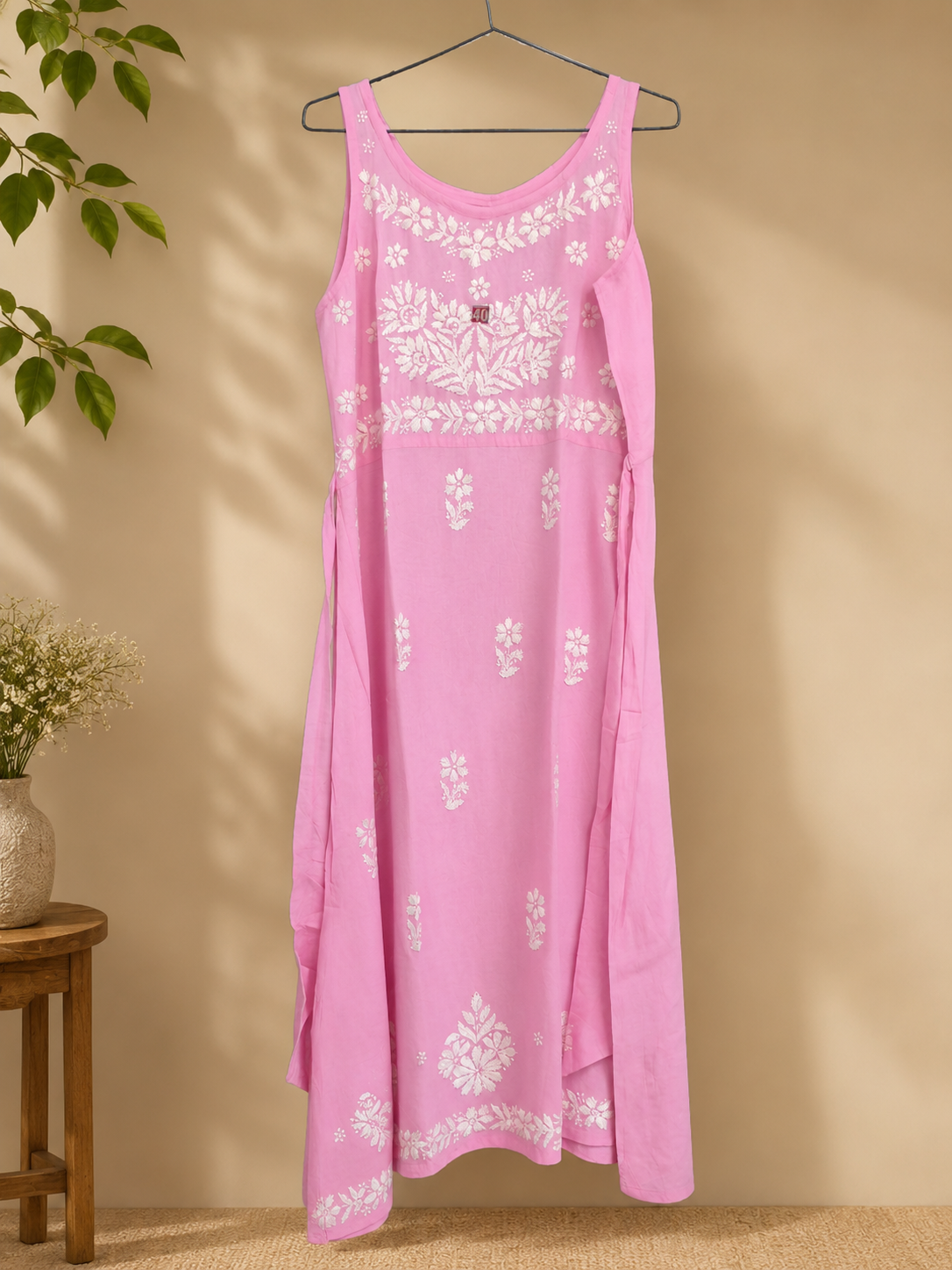 Pink Chikankari dress, Pink summer dress, Pink embroidered rayon gown, Pink resort wear,  Pink Hand embroidered dress, Pink knee length dress,