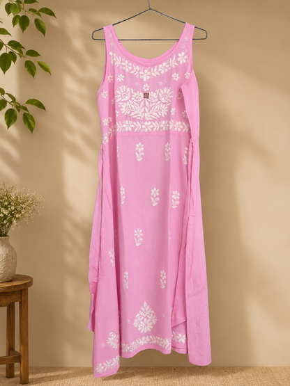 Pink Chikankari dress, Pink summer dress, Pink embroidered rayon gown, Pink resort wear,  Pink Hand embroidered dress, Pink knee length dress,