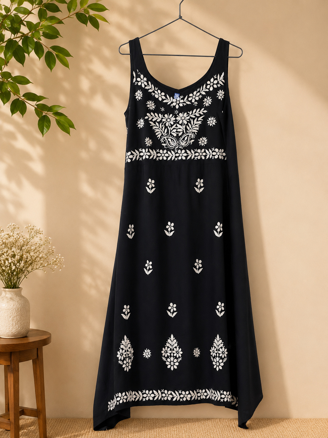 Black Chikankari dress, Black summer dress, Black embroidered rayon gown, Black resort wear,  Black Hand embroidered dress, Black knee length dress,