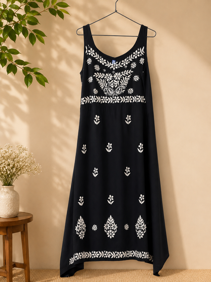 Black Chikankari dress, Black summer dress, Black embroidered rayon gown, Black resort wear,  Black Hand embroidered dress, Black knee length dress,