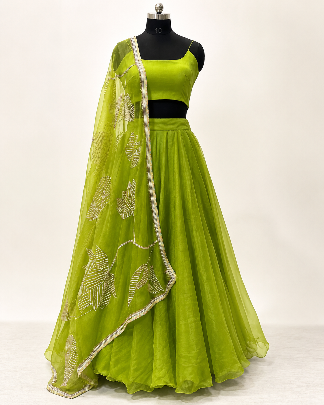 Olive Green Organza Lehenga,  Indian Wedding Wear, Hand Embroidered Dupatta/ Stole