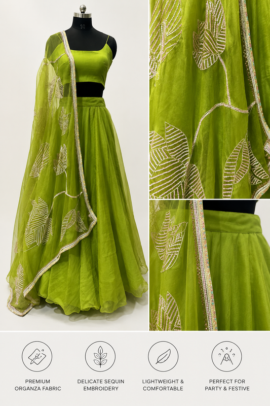 Olive Green Organza Lehenga,  Indian Wedding Wear, Hand Embroidered Dupatta/ Stole
